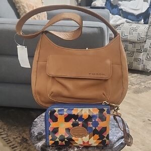 Vtg! Fossil Tan Leather Shoulder Bag with Multicolor Floral Zip Wallet Vtg!